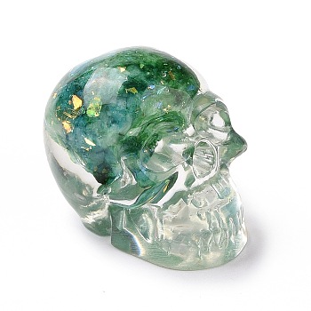 Natural Fluorite Skull Beads, Halloween Transparent Resin Skull with Gold Foil, No Hole, Dark Cyan, 23x22x25mm