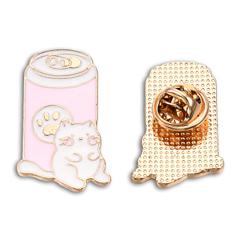 Cat with Cans Enamel Pin, Light Gold Plated Alloy Cartoon Badge for Backpack Clothes, Nickel Free & Lead Free, Pink, 30x18mm