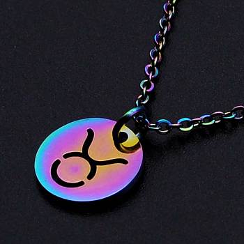 201 Stainless Steel Pendants Necklaces, with Cable Chains and Lobster Claw Clasps, Flat Round with Constellation/Zodiac Sign, Rainbow Color, Taurus, 15-3/4 inch(40cm), 1.5mm