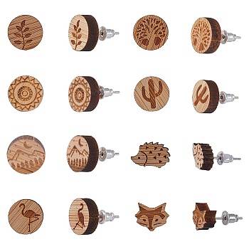 Natural Wood Stud Earrings, with Stainless Steel Stud Earring Findings and Ear Nuts, Mixed Shapes, Bisque, 7pairs/box