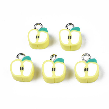 Handmade Polymer Clay Charms, with Platinum Plated Iron Loop, Imitation Food, Apple, Yellow, 11~13x9~10x5mm, Hole: 1.8mm