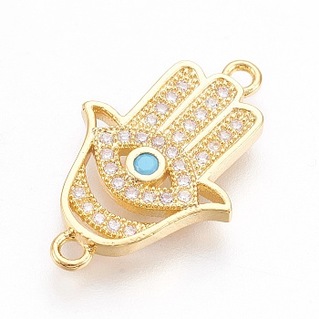 Brass Micro Pave Cubic Zirconia Links, Long-Lasting Plated, Hamsa Hand/Hand of Fatima/Hand of Miriam, Lead Free & Nickel Free & Cadmium Free, Clear, Real 18K Gold Plated, 22x14x2mm, Hole: 1mm