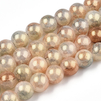 Baking Painted Crackle Glass Bead Strands, with Gold Powder, Round, Moccasin, 8mm, Hole: 1.2mm, about 103pcs/strand, 30.08~30.7''(76.4~78cm)