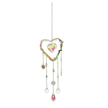 Metal Hanging Suncatchers, Natural Quartz Crystal & Amethyst & Citrine Chips and Glass Tassel for Window Garden Decorations, Heart, 450mm