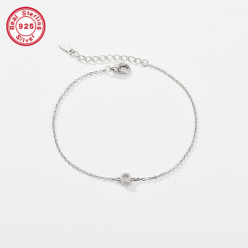 Rhodium Plated 925 Sterling Silver Letter Cubic Zirconia Link Bracelets, Cable Chains Bracelets for Women, Letter Q, 6-1/4 inch(16cm)