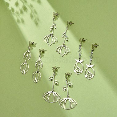 304 Stainless Steel Flower Long Dangle Stud Earrings for Women(EJEW-JE05006)-2