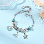Ocean Theme European Beads Charm Bracelets, Brass Round Snake Chain Bracelets for Women, Shell Shape & Starfish & Octopus, Blue, 7.68 inch(19.5cm)(BJEW-JB13949)