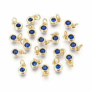 Brass with Single Cubic Zirconia Charms, Single Stone Charms, Flat Round, Golden, Blue, 6.5x4.5x2mm, Hole: 2.5~3mm(ZIRC-F095-03G-06)