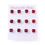 6 Pairs Cubic Zirconia Flat Round Stud Earrings, 304 Stainless Steel Jewelry for Women, Mixed Color, FireBrick, 7mm, Pin: 0.7mm(EJEW-G291-04B-M)
