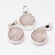 Electroplated Natural & Dyed Druzy Agate Pendants, with Silver Color Plated Brass Findings, Flat Round, Seashell Color, 18.5~21x14x8~10mm, Hole: 7.5x5mm(G-N0167-018B)