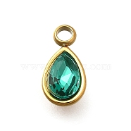 304 Stainless Steel Pendants, with Rhinestone, Real 18K Gold Plated, Ion Plating(IP), Teardrop, Aquamarine, 10.5x5.5x0.5mm, Hole: 1.8mm(STAS-Q346-04G-07)