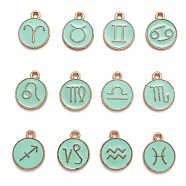 Alloy Enamel Pendants, Flat Round with Constellation/Zodiac Sign, Golden, Aquamarine, 15x12x2mm, Hole: 1.5mm, about 12pcs/set(ENAM-S124-01B-15)