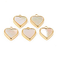 Natural White Shell Mother of Pearl Shell Charms, with Golden Brass Findings, Heart, Seashell Color, 12x10x2.5mm, Hole: 1.2mm(X-SHEL-T017-23G)