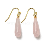 Ion Plating(IP) Natural Rose Quartz Dangle Earring, with Brass Earring Hook, Teardrop, 34~36x7~7.5mm(EJEW-C084-01G-03)
