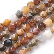 Natural Petrified Wood Beads Strands, Star Cut Round Beads, Faceted, Sandy Brown, 7~8mm, Hole: 1mm, about 47~48pcs/strand, 14.5 inch~15 inch(37~38cm)(G-F545-F02)