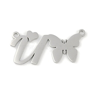 Non-Tarnish 304 Stainless Steel Pendants, Letter & Butterfly Charms, Letter U, 11x24x0.9mm, Hole: 1.2mm(STAS-L279-002P-U)