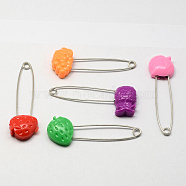 Platinum Plated Iron Safety Brooch, with Fruit Shape Plastic Findings, Mixed Color, 53~61x17~22mm(JEWB-R008-03)