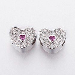 (Holiday Stock-Up Sale)Brass Micro Pave Cubic Zirconia European Beads, Large Hole Beads, Heart, Medium Violet Red & Clear, Platinum, 9.5x11.5x8mm, Hole: 4mm(OPDL-P001-57)