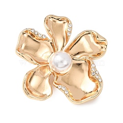 Flower Shape Alloy Rhinestone Lapel Pins for Backpack Clothes, with Imitation Pearl, Golden, 47x49mm(JEWB-B038-05G)