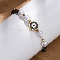 304 Stainless Steel Beaded Bracelets for Women, with Stainless Steel Beads & Glass Beads & Plastic Imitation Shell & Enamel Evil Eye Bead, Ion Plating(IP), Black, 6-7/8 inch(17.4cm)(BJEW-Z099-01G)