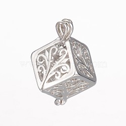 Brass Cage Pendants, For Chime Ball Pendant Necklaces Making, Hollow Cube, Cadmium Free & Nickel Free & Lead Free, Platinum, 26x17x12.5mm, Hole: 2x3mm, inner diameter: 10.5x14mm(X-KK-P005-06P-NR)