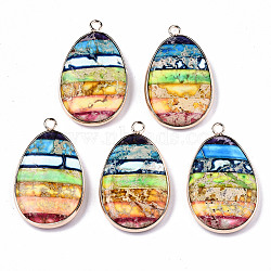 Natural Regalite/Imperial Jasper/Sea Sediment Jasper Pendants, with Light Gold Tone Brass Edge and Brass Settings, Dyed, Rainbow, Teardrop,  35x21.5x5.5mm, Hole: 2mm(G-S359-192)