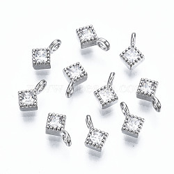 925 Sterling Silver Cubic Zirconia Charms, Nickel Free, Rhombus, Real Platinum Plated, 6x4x2mm, Hole: 1mm(STER-ZX003-02P-NF)