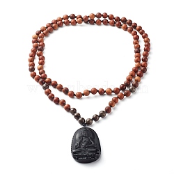 Natural Obsidian Carven Buddha Pendant Necklaces, with Natural Snowflake Obsidian & Natural Wood Beads , Camel, 40.94 inch(104cm)(NJEW-JN03643)