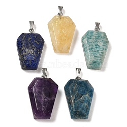 Natural Mixed Stone Pendants, Faceted Hexagon Charms with Rack Plating Stainless Steel Color Plated 201 Stainless Steel Snap on Bails, Cadmium Free & Lead Free, 33.5~36x19~21.5x7~8.5mm, Hole: 3x8mm(G-G004-06B-M02)