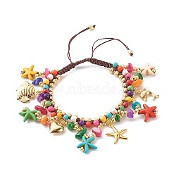 Ocean Animal Theme Braided Bead Bracelet, Synthetic Turquoise & Natural Chip Shell & Glass Beads Bracelet, Starfish & Heart & Dolphin Drop Charm Bracelet for Women, Mixed Color, Inner Diameter: 2 inch(5.2~8.7cm)(BJEW-SZ0002-07)