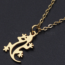 201 Stainless Steel Pendant Necklaces, with Cable Chains and Lobster Claw Clasps, Gecko, Golden, 15.74 inch(40cm), 1.5mm(NJEW-S105-JN554-40-2)