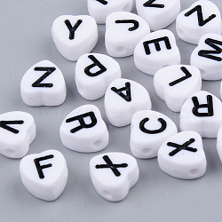 Opaque Acrylic Enamel Beads, Horizontal Hole, Heart with Mixed Black Letters, White, 7x7x4mm, Hole: 1.5mm(X-MACR-S273-37A)