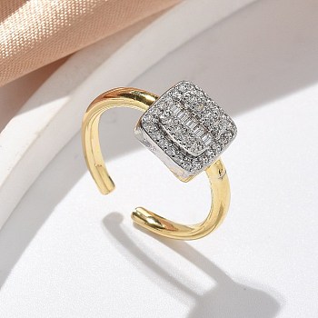 Brass Micro Pave Clear Cubic Zirconia Cuff Rings for Women, Square, Platinum & Golden, 10.5x10mm