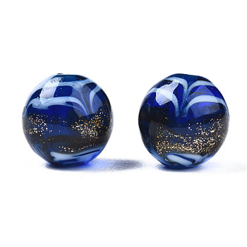Handmade Gold Sand Lampwork Beads, Round, Medium Blue, 9~10x8~10mm, Hole: 1.6mm