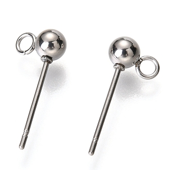 Original Color 304 Stainless Steel Ball Post Stud Earring Findings, with Loop, Stainless Steel Color, 16x6.6x4mm, Hole: 1.7mm, Pin: 0.5mm