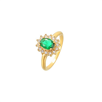 Cubic Zirconia Oval Finger Ring, Golden Stainless Steel Finger Ring, Green, US Size 8(18.1mm)