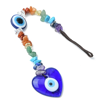 Gemstone Chip Beaded Pendant Decorations, with Evil Eye Lampwork and Nylon Thread Hanging Ornaments, Heart, 225mm, Pendant: 180x35x8mm
