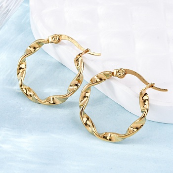 201 Stainless Steel Hoop Earrings, with 304 Stainless Steel Pin, Hypoallergenic Earrings, Twisted Ring Shape, Golden, 9 Gauge, 21x3mm, Pin: 0.7mm