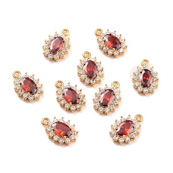Real 18K Gold Plated Brass Micro Pave Cubic Zirconia Charms, Cadmium Free & Nickel Free & Lead Free, Oval, FireBrick, 12x8x3mm, Hole: 1.2mm