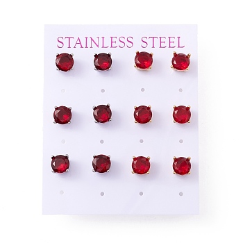 6 Pairs Cubic Zirconia Flat Round Stud Earrings, 304 Stainless Steel Jewelry for Women, Mixed Color, FireBrick, 7mm, Pin: 0.7mm