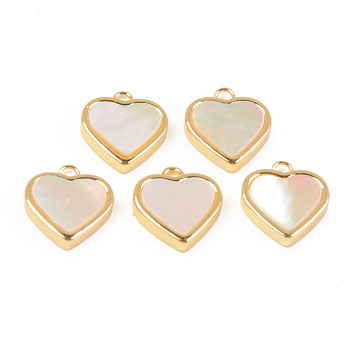 Natural White Shell Mother of Pearl Shell Charms, with Golden Brass Findings, Heart, Seashell Color, 12x10x2.5mm, Hole: 1.2mm