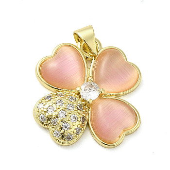 Rack Plating Brass Micro Pave Cubic Zirconia Pendants, with Cat Eye, Long-Lasting Plated, Cadmium Free & Lead Free, Flower Charm, PeachPuff, 21x19.5x4mm, Hole: 4x3.5mm