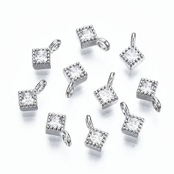 925 Sterling Silver Cubic Zirconia Charms, Nickel Free, Rhombus, Real Platinum Plated, 6x4x2mm, Hole: 1mm