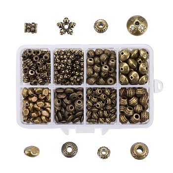 Tibetan Style Alloy Spacer Beads, Flat Round & Column & Rondelle & Flower &  Barrel & Bicone, Antique Bronze, Plastic Boxes: 11x7x3cm, Spacer Beads: 5~10.5x3~7.5mm, Hole: 1~3.5mm