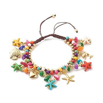 Ocean Animal Theme Braided Bead Bracelet, Synthetic Turquoise & Natural Chip Shell & Glass Beads Bracelet, Starfish & Heart & Dolphin Drop Charm Bracelet for Women, Mixed Color, Inner Diameter: 2 inch(5.2~8.7cm)