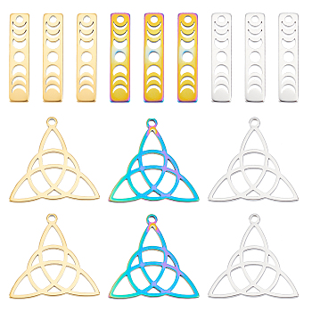 24Pcs 6 Style 304 Stainless Steel Pendants, Trinity Knot & Rectangle with Phase of the Moon, Mixed Color, 25~26x6~26x1.5mm, Hole: 1.8~2mm, 4pcs/style