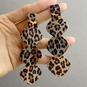 Leopard Print Alloy Dangle Stud Earrings, Golden, Rhombus, 95x29.5mm