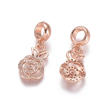 Brass Micro Pave Cubic Zirconia European Dangle Charms, Large Hole Pendants, Flower, Clear, Rose Gold, 25mm, Flower: 16.5x10x3mm, Hole: 5mm