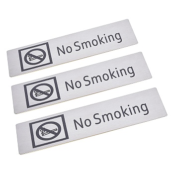 430 Stainless Steel Sign Stickers, with Double Sided Adhesive Tape, for Wall Door Accessories Sign, Rectangle with No Smoking, Stainless Steel Color, 5x17.15x0.2cm, 3pcs