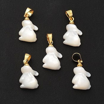 Natural White Shell Pendants, with Golden Plated Brass Findings, Rabbit, White, 15x10x5mm, Hole: 4x4mm